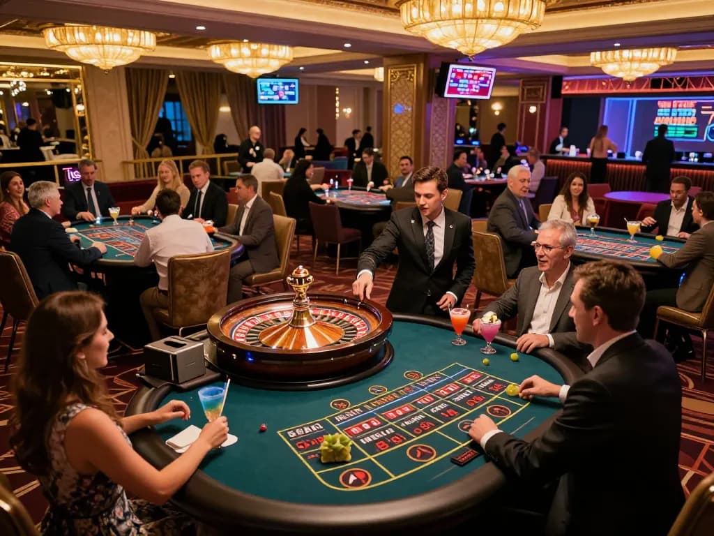 Nohu casino scene with players engaging in lively roulette game, vibrant atmosphere of excitement