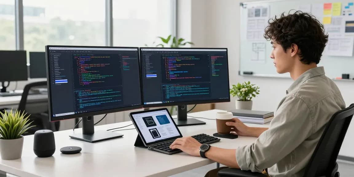 Developer working in a modern office showcasing the WPS Official Website and vibrant coding environment