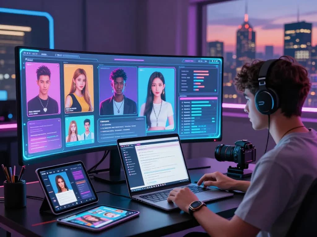 Interactive AI NSFW interface showcasing customizable avatars and vibrant holographic displays in a dynamic digital landscape.