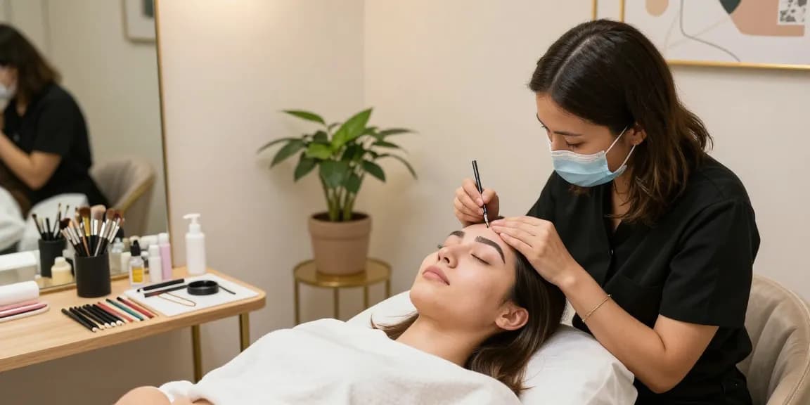 Toepassen van poederwenkbrauwen in een serene schoonheidssalon, met een bekwame artiest en een tevreden klant.
