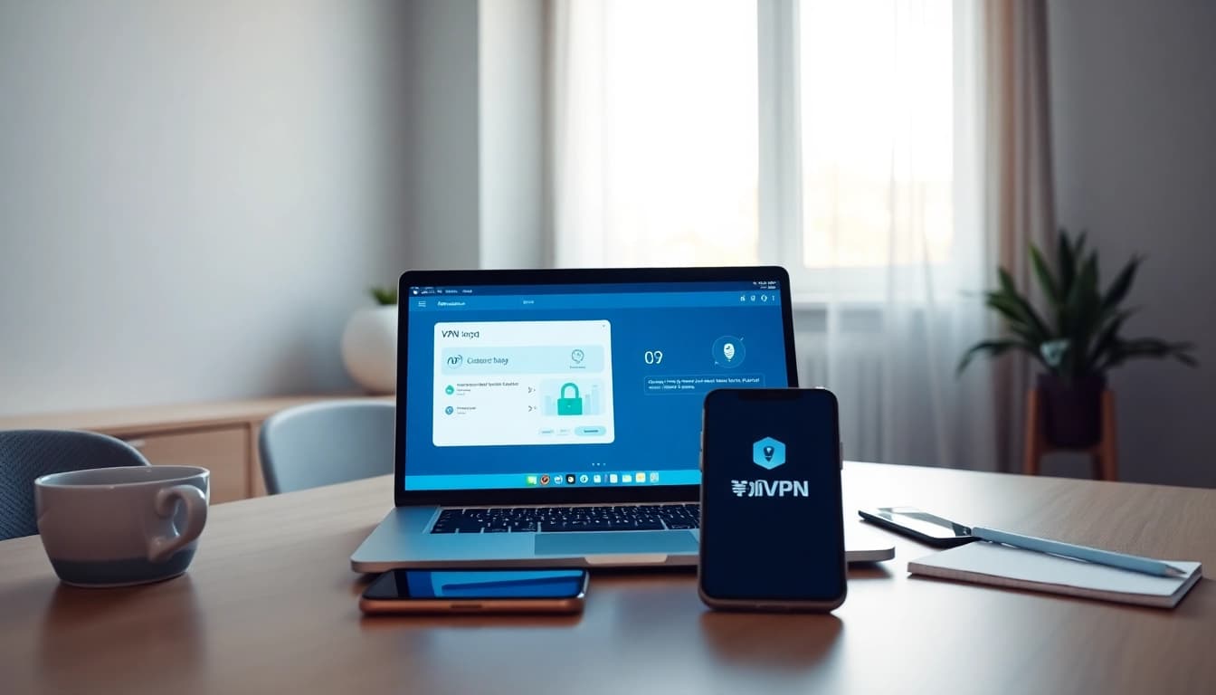 现代工作空间中笔记本与智能手机上的快连下载 VPN 界面