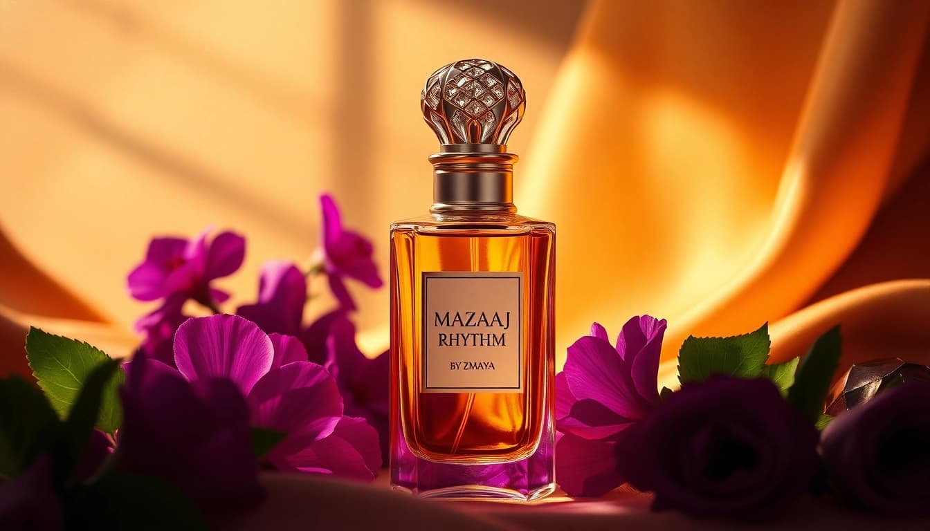 Mazaaj Rhythm by Zimaya perfume bottle elegantly displayed with floral accents, enhancing its luxury.