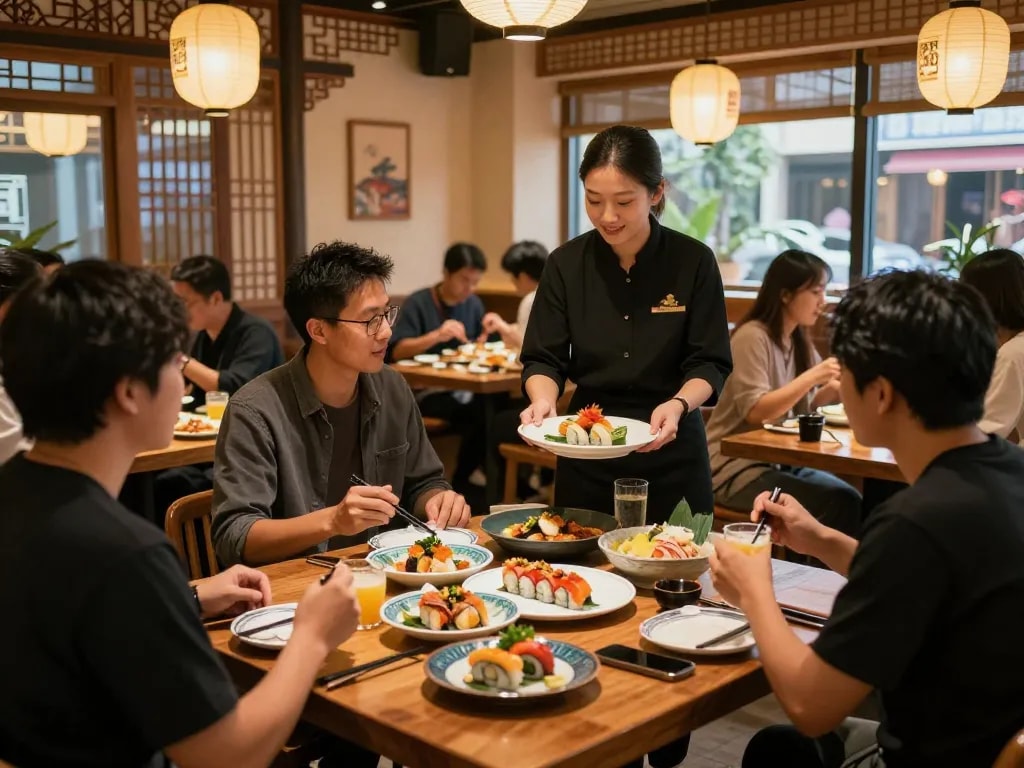 Guests savoring fusion cuisine at RED88 Asian bistro, vibrant dishes and warm ambiance.