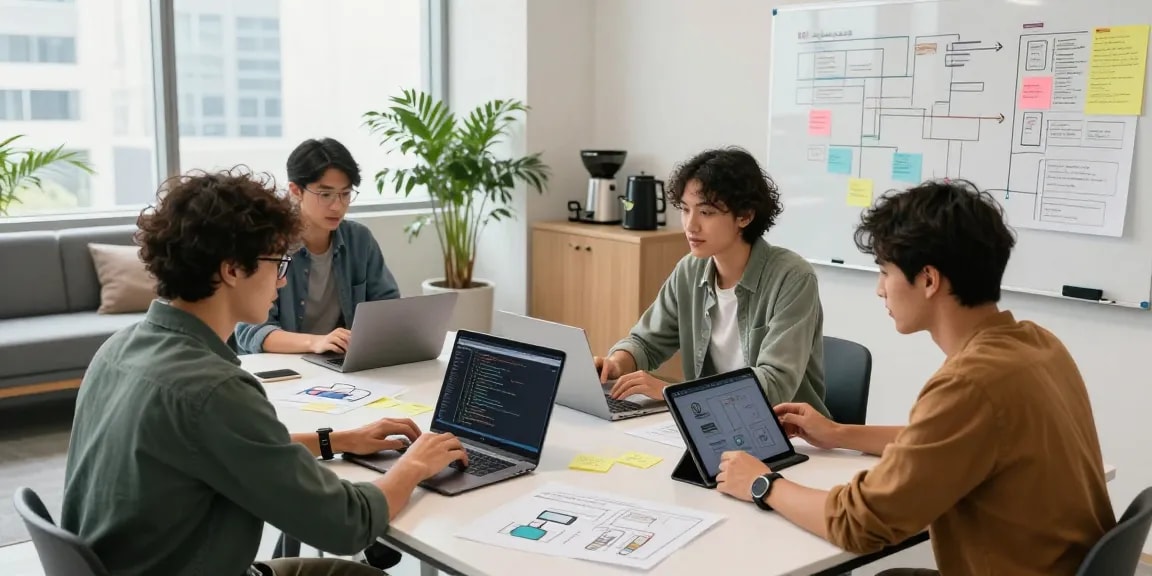 Team collaborating to build internal tools with AI in a modern office environment.