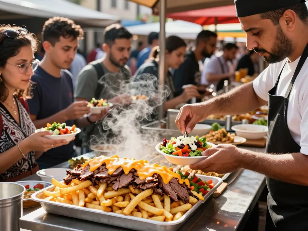 Kapsalon wordt samengesteld op een levendige streetfoodmarkt met frieten, döner vlees en garneringen.