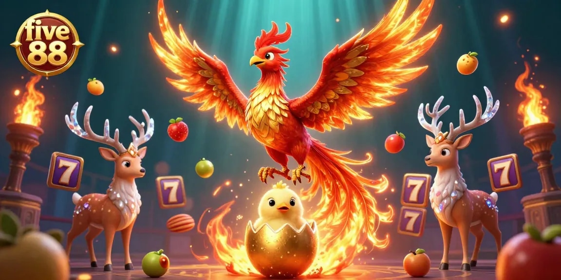 Win big at five 88 with slot reels swirling around vibrant phoenix and stag in a dazzling casino scene.