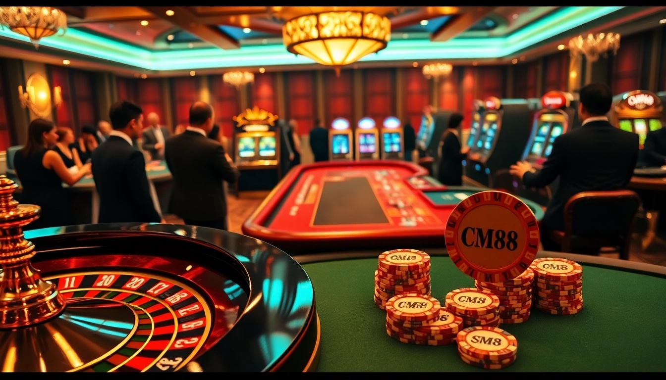 Exciting casino scene featuring CM88-themed poker chips and a roulette wheel in a luxurious setting.