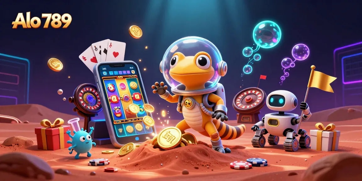 Alo 789: Unique 3D Martian gecko discovering a hidden casino with dynamic gambling elements.