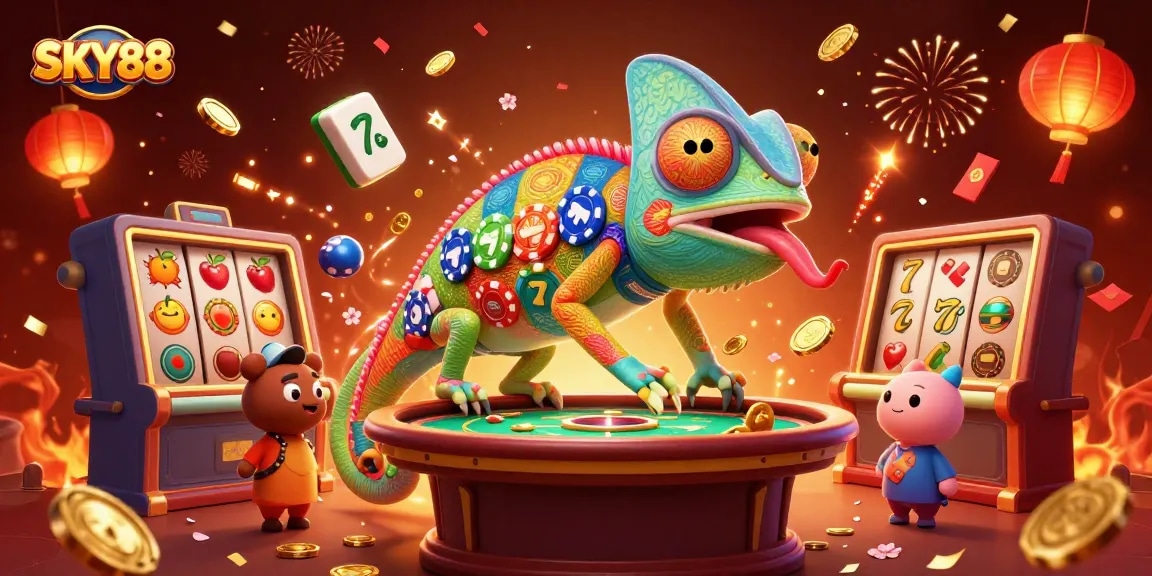 Spin the reels of SKY88 with a vibrant 3D chameleon in a dynamic casino illustration.