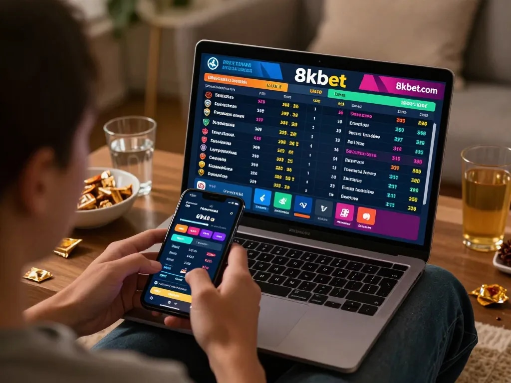 Person placing bets on 8kbet.com with laptop and smartphone in a vibrant home sports betting scene.