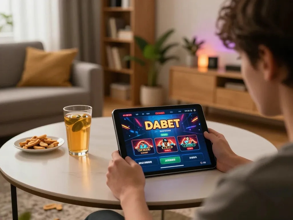 Dabet gaming: person focused on tablet in cozy lounge during online casino session