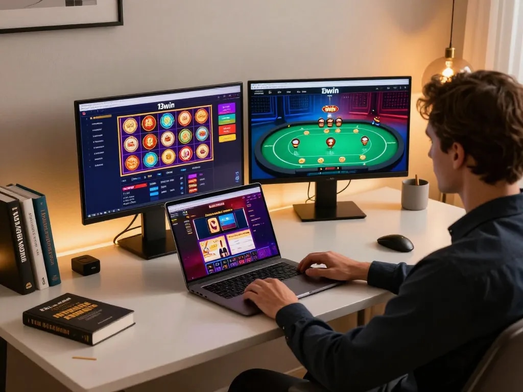 Player engaging with the 13win online platform at a stylish desk, showcasing modern casino gaming.