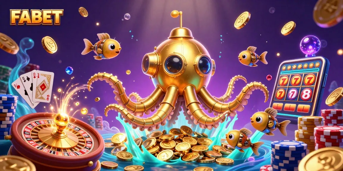 Experience FABET with a vibrant underwater scene full of gold coins and jackpot excitement.