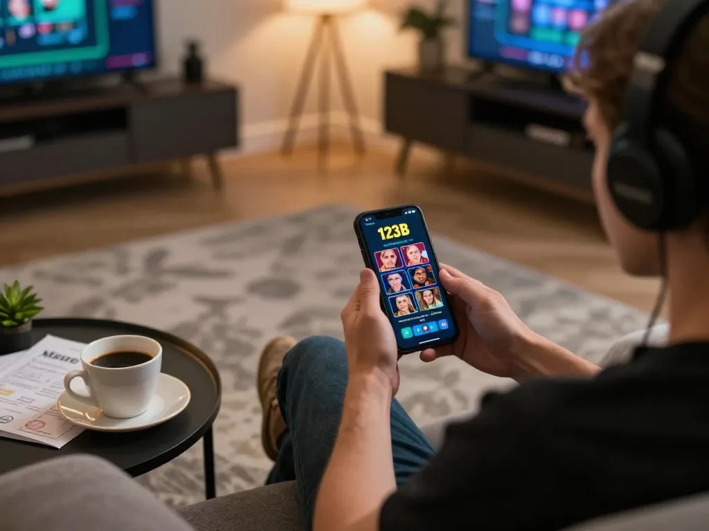 Engaged user playing 123B casino on smartphone in a cozy home setting
