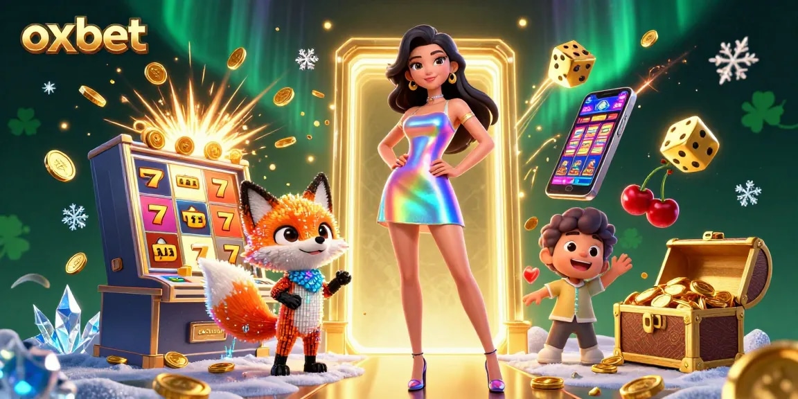 Play exciting games at OXBET with a vibrant 3D illustration showcasing a dazzling woman, colorful elements, and mega jackpots.