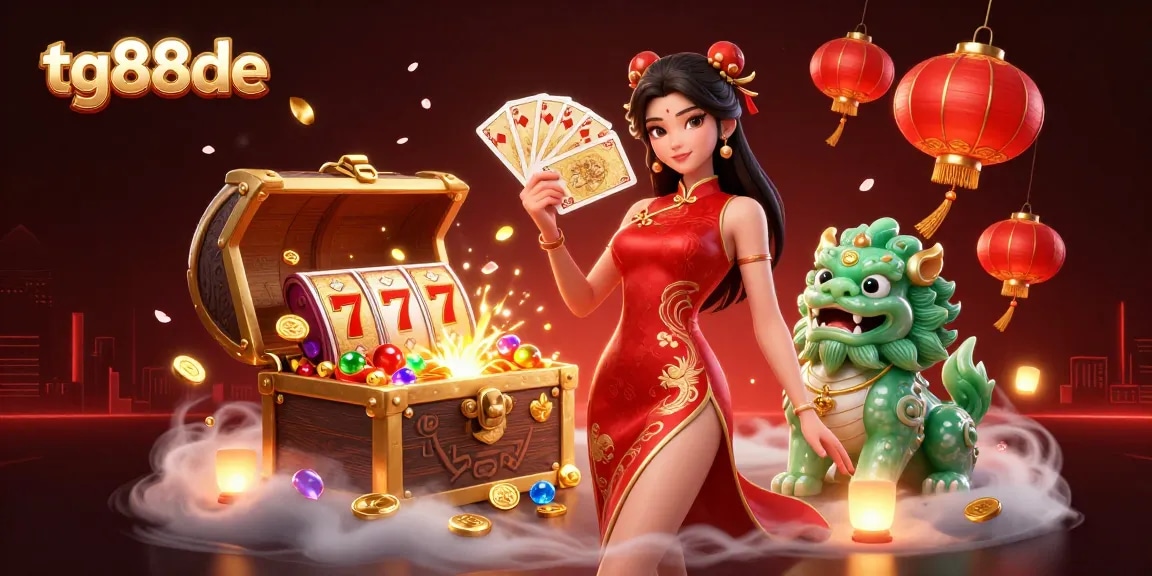 Engage in thrilling casino adventures with tg88de featuring vibrant 3D illustration of a lady and slot reels.
