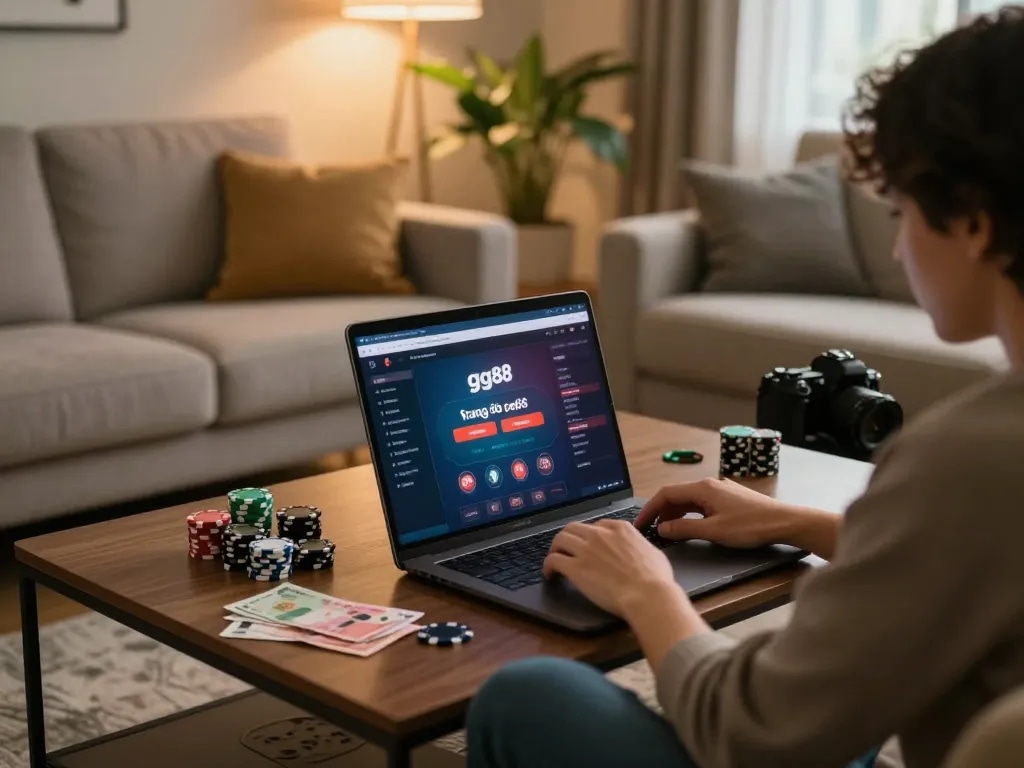 Engaging with the trang chủ gg88 online gaming interface from a cozy home setup, illustrating casual gameplay comfort.