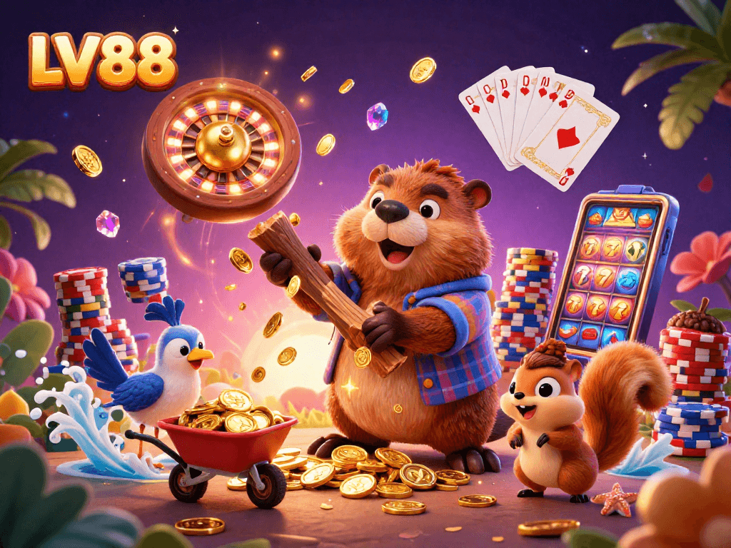 LV88 captivates players with vibrant 3D casino illustration showcasing exciting winnings and gameplay.