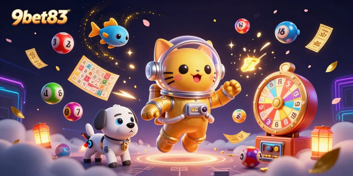 Engage in thrilling games at 9bet83 with vibrant illustrations of lottery elements and dynamic characters.