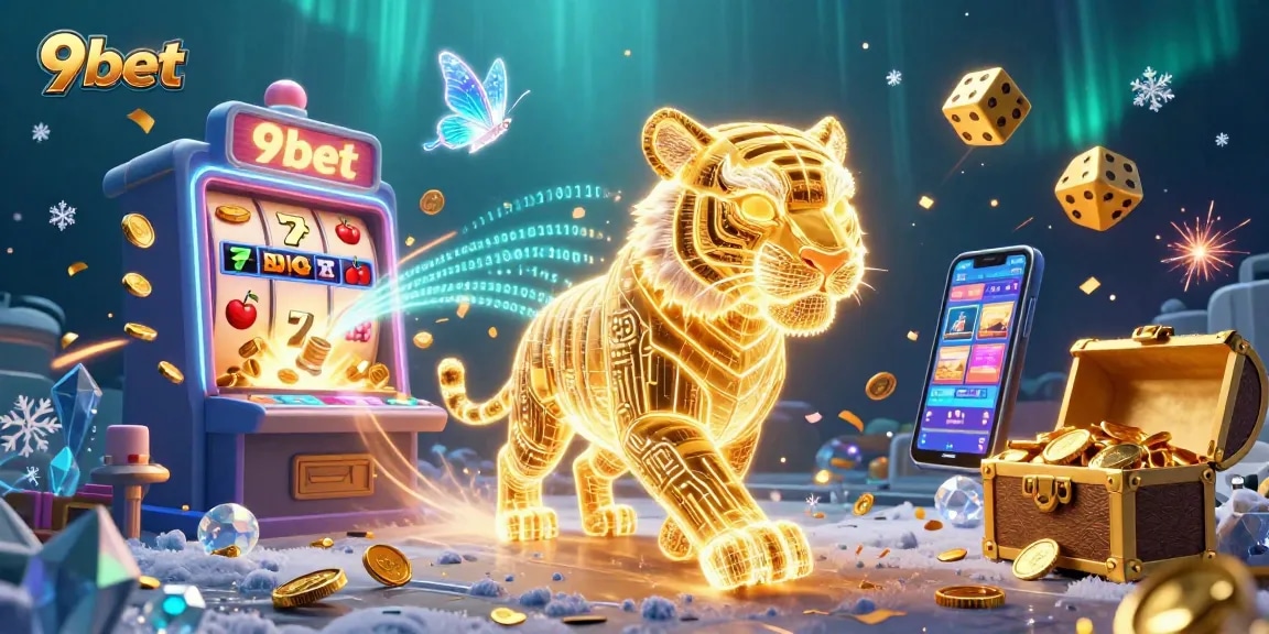 Engage with 9bet's vibrant casino world through a lively digital illustration featuring a 3D golden tiger amidst joyful gaming elements.