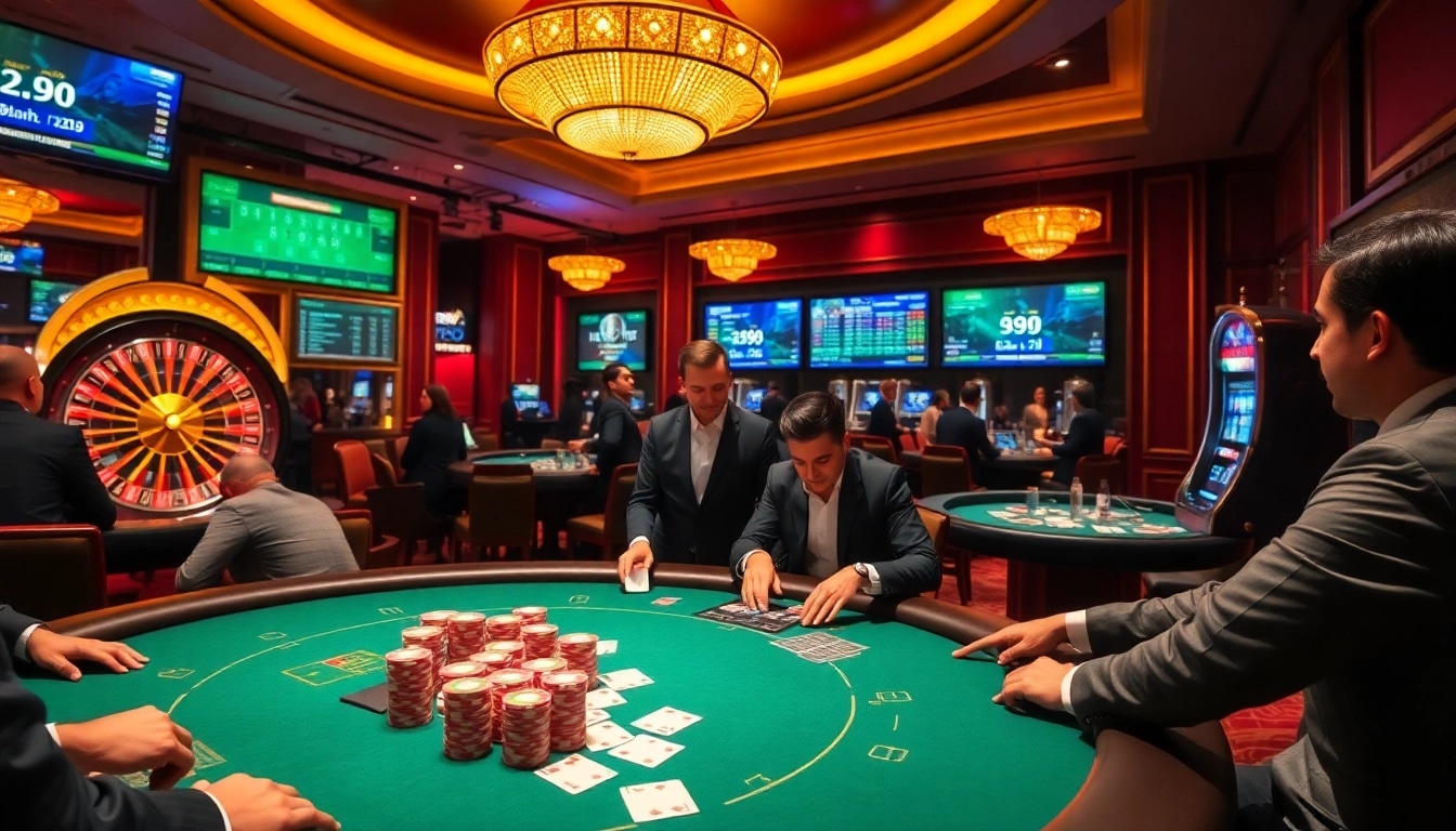 Engaging scene of poker players at a go8 casino table with vibrant chips and golden ambiance.