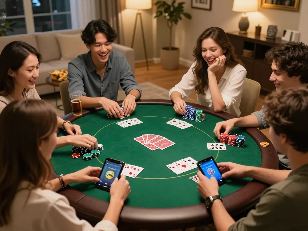 Friends enjoying poker night while using the Go8 app for online gaming.