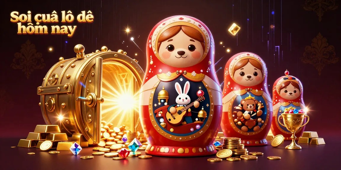 Soi cầu lô đề hôm nay showcases a vibrant 3D illustration of cartoon bears and a rabbit among casino treasures.