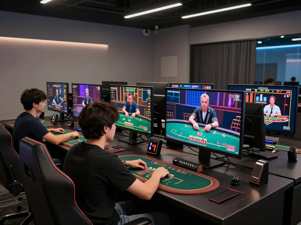 PHDream gamer engaging with online roulette and poker on multiple screens in a professional setup.