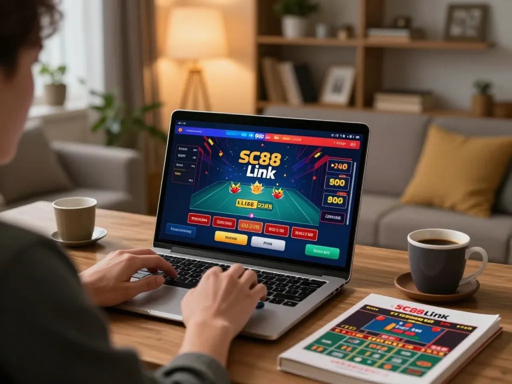Experience online gaming excitement with SC88 Link at home with a laptop setup.