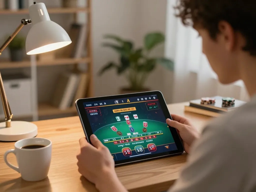 Engaging online gaming with five88 blackjack table displayed on a tablet during a cozy home session.