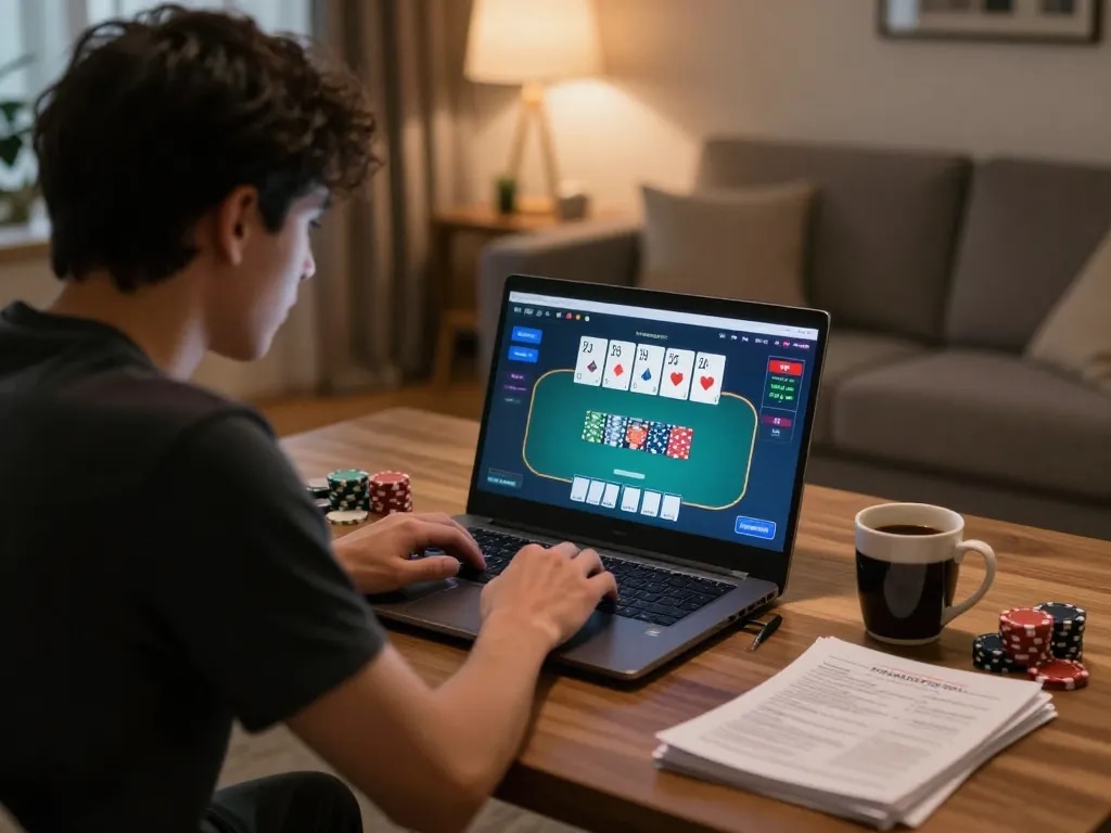 Player engaged in online poker at home using top88pq.com, showcasing strategic gameplay and comfort.