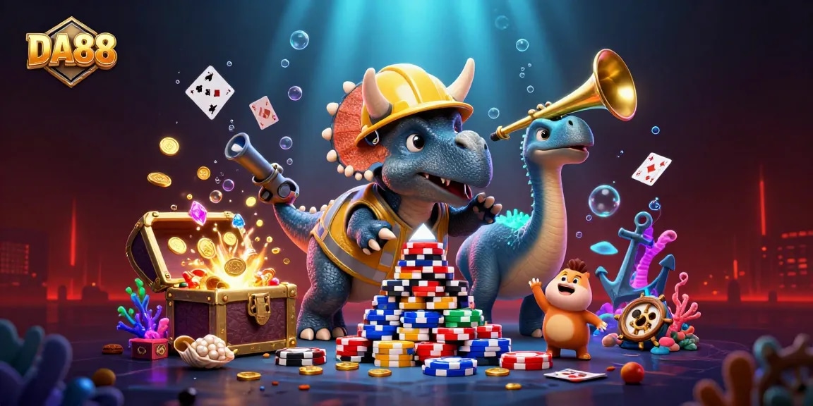 DA88 brings excitement to the casino world with a vibrant design featuring gambling characters and elements.