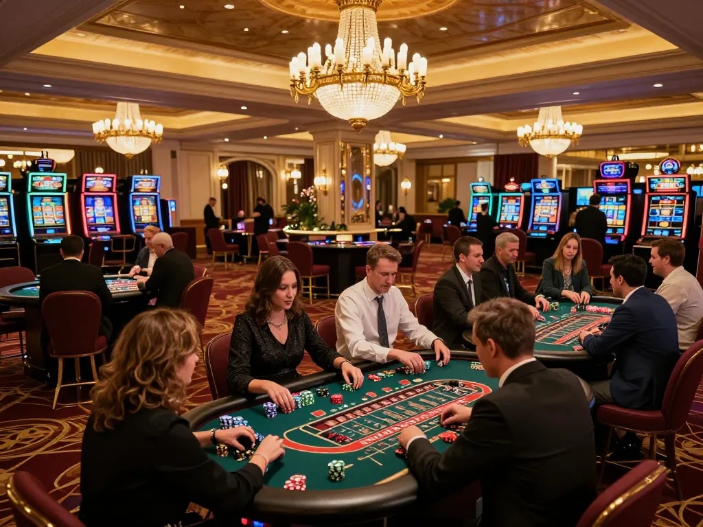 A lively casino environment featuring players engaged at roulette tables at the alo8 center, showcasing excitement and luxury atmosphere.