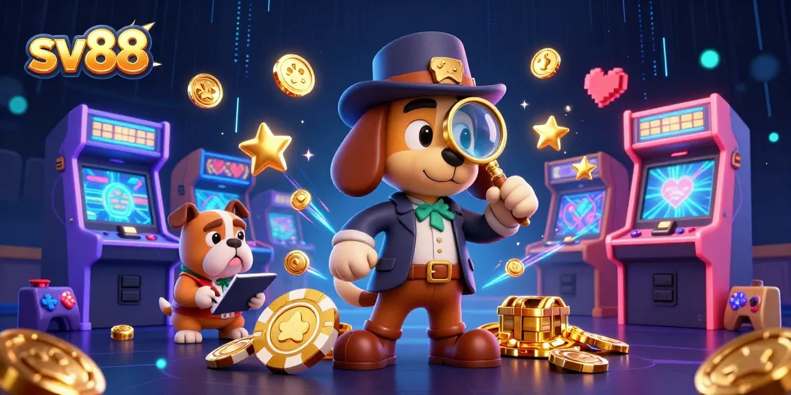 sv88 detective examines poker chip clue in a vibrant casino scene with dynamic game elements