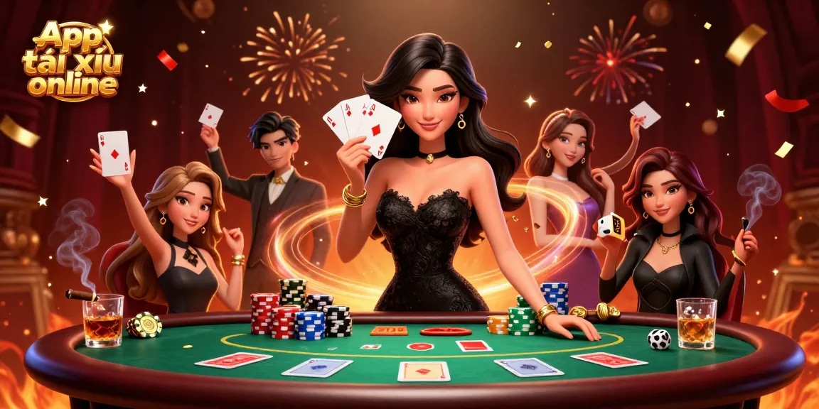 Engage with the App tài xỉu online scene showcasing a photorealistic Asian woman betting at a vibrant casino with poker elements.