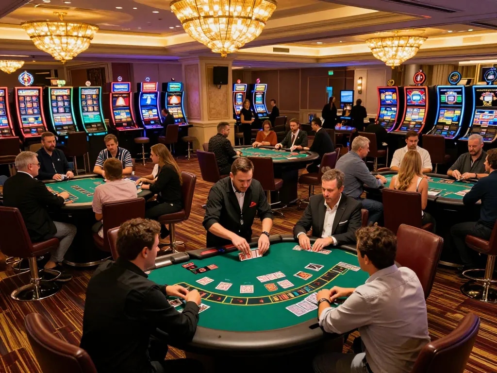 Players strategizing at blackjack tables in an upscale casino at nk88.com, showcasing vibrant gaming atmosphere.