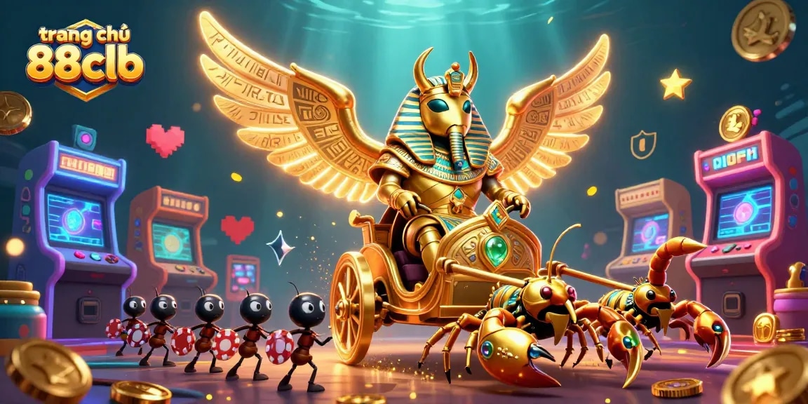 Experience the thrill with trang chủ 88clb, featuring a golden scarab beetle amidst vibrant casino elements.