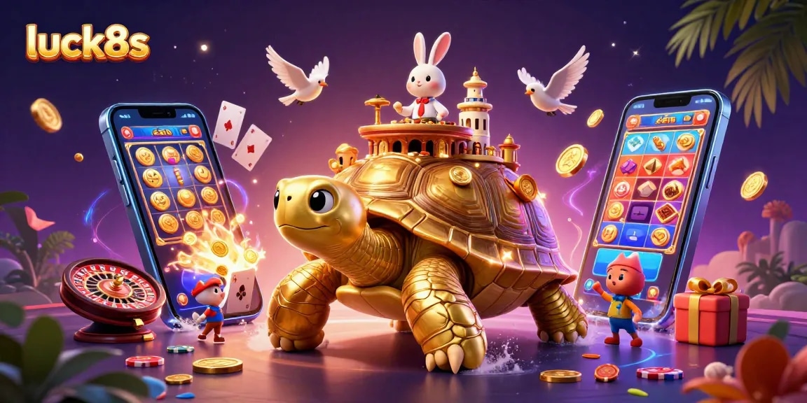 Experience the thrill of luck8s with a vibrant scene featuring a tortoise casino, dealer, and golden coins