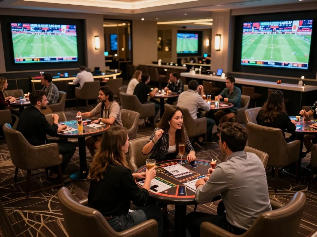Debet patrons placing bets in an upscale sports lounge with screens displaying live games