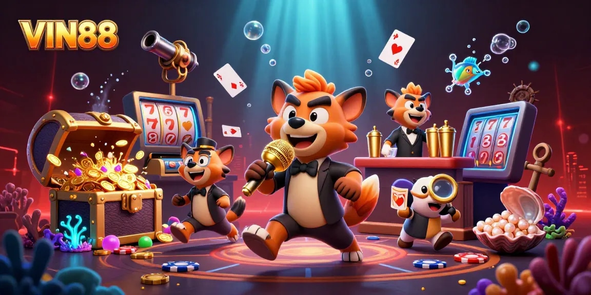 Experience thrilling gaming at VIN88 with a vibrant casino scene featuring hyenas and exciting elements.