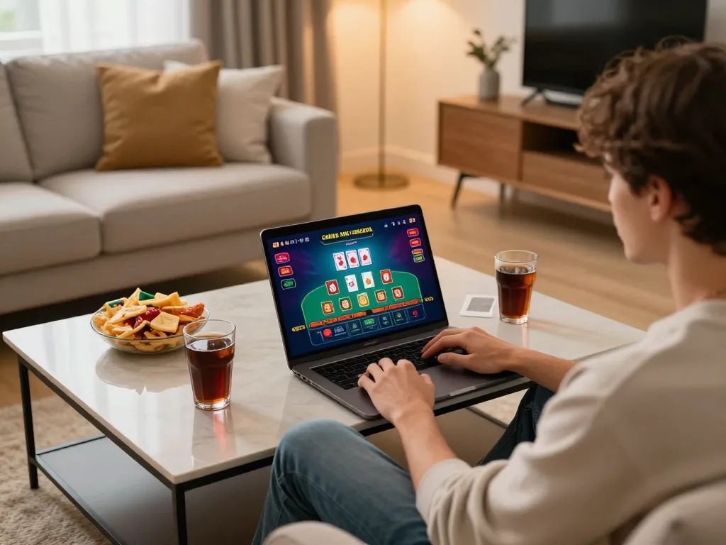 Person gaming on nhà cái 23WIN online casino setup with laptop, lifestyle atmosphere.