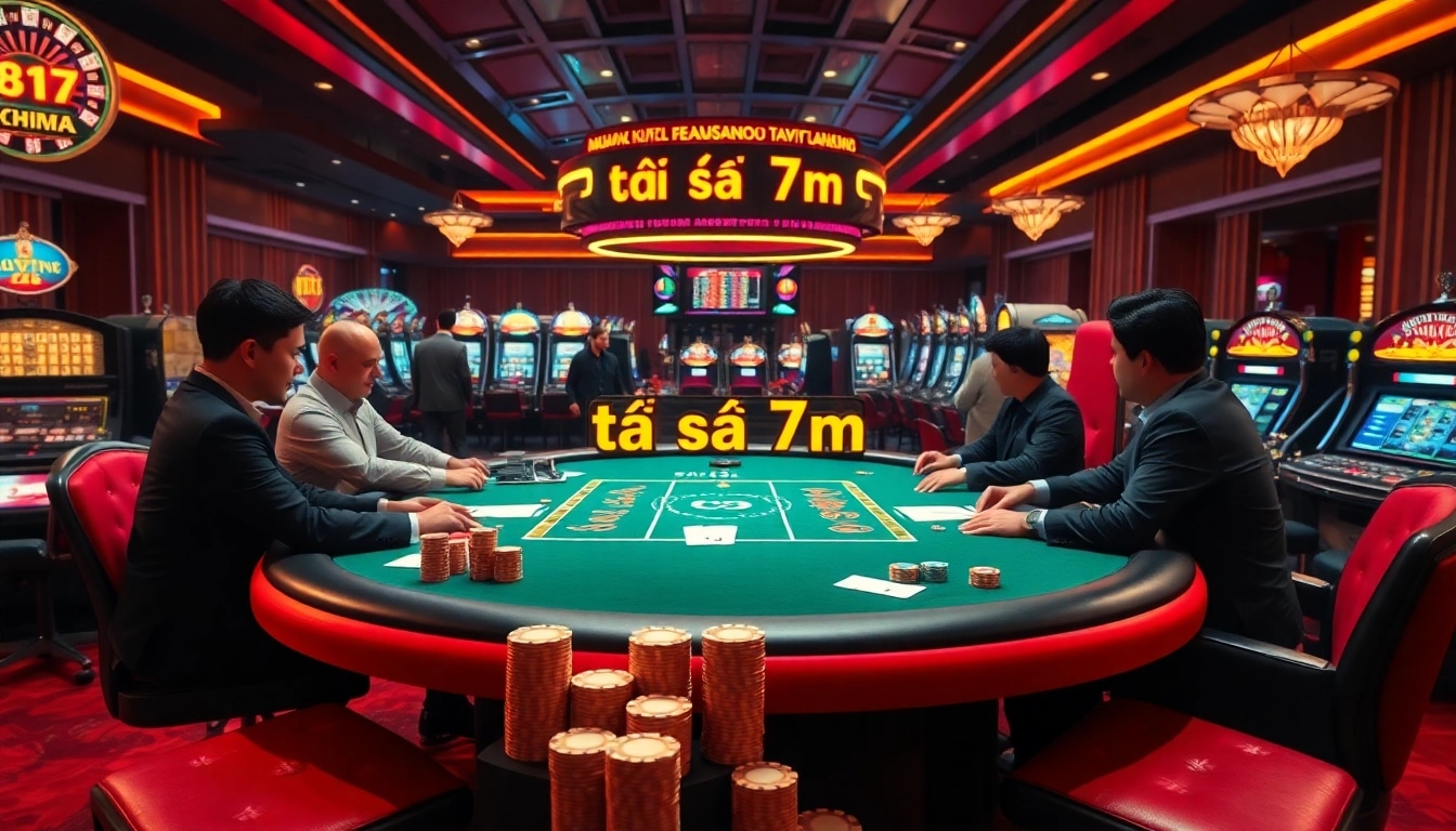 Experience the excitement of tỷ số 7m with professional poker players at a luxurious casino table surrounded by vibrant lights.