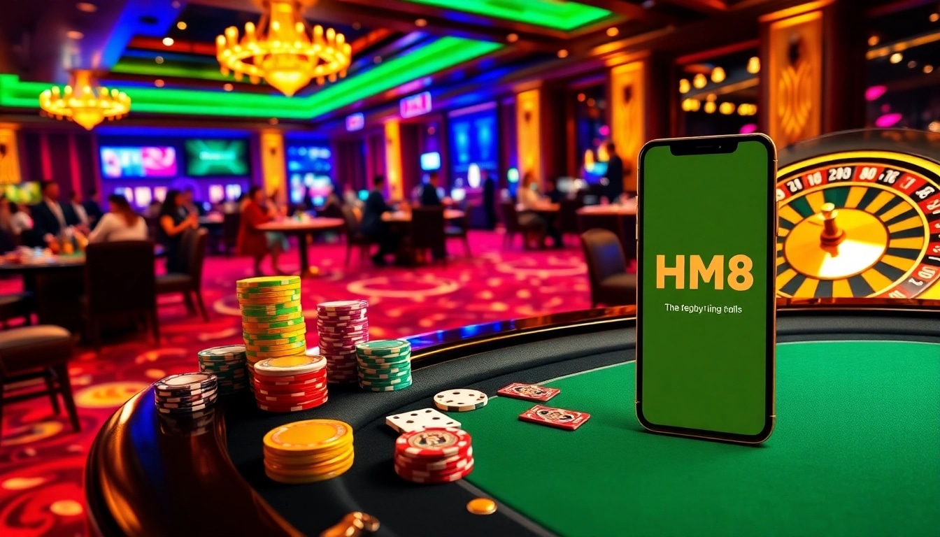 Experience the thrill of gambling with HM88's luxurious casino ambiance featuring poker and roulette.