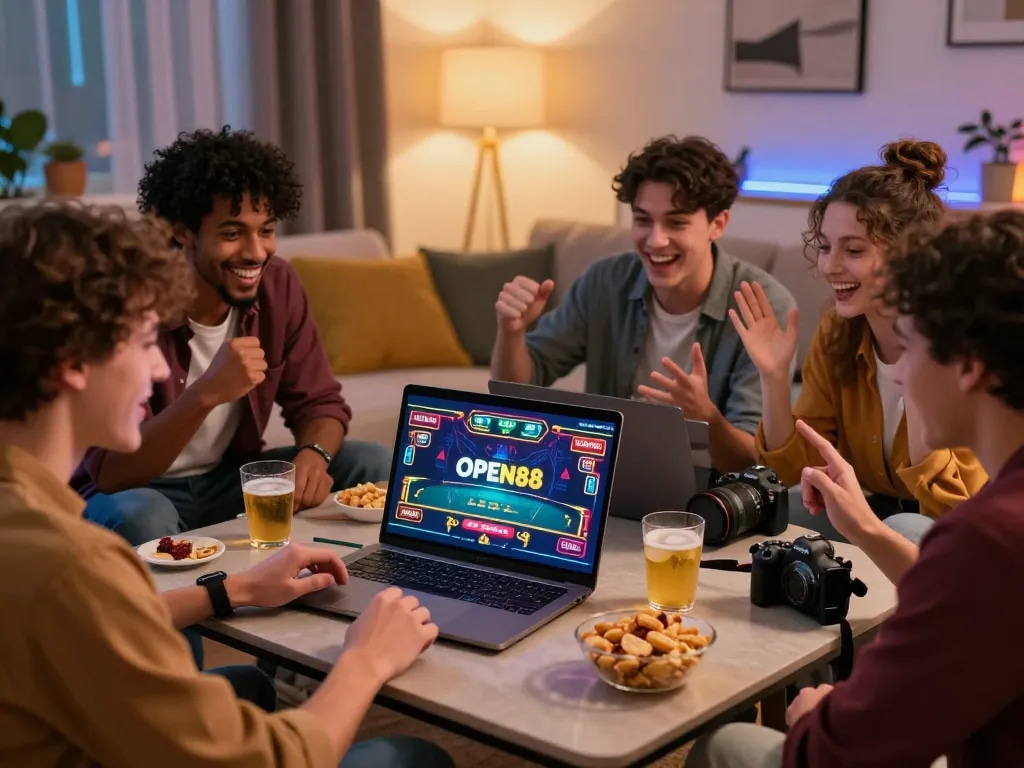Players enjoying a lively game on OPEN88 in a cozy setting, showcasing excitement and interaction.