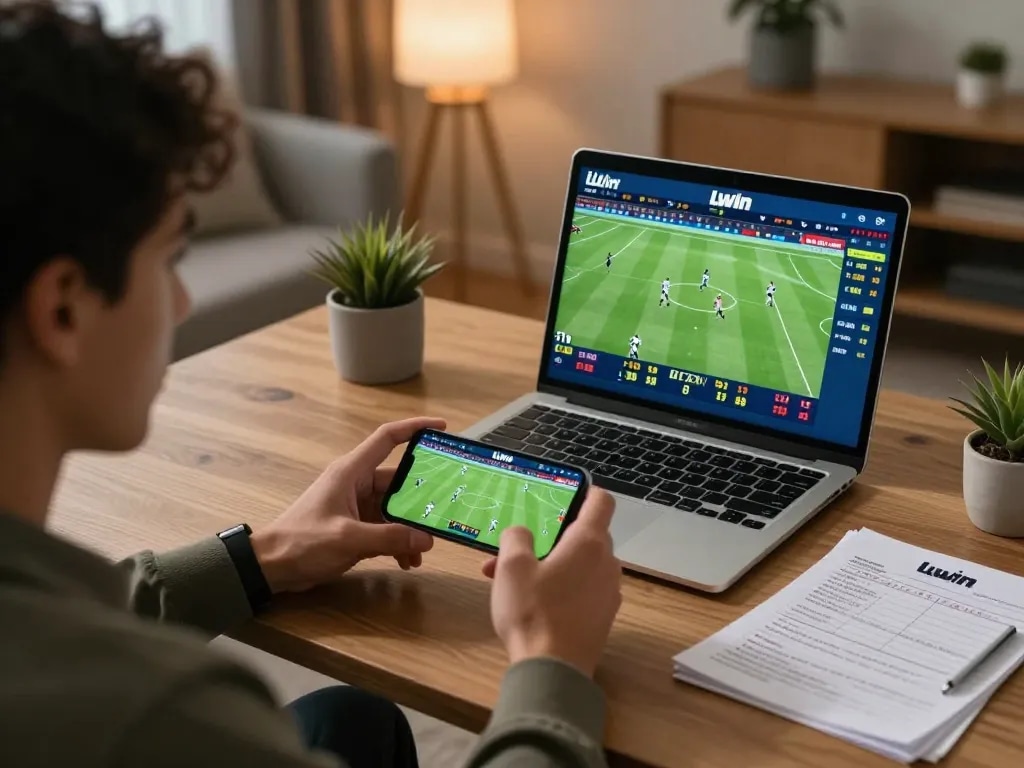 Placing live bets on LLWIN mobile app while watching a football match in a cozy home