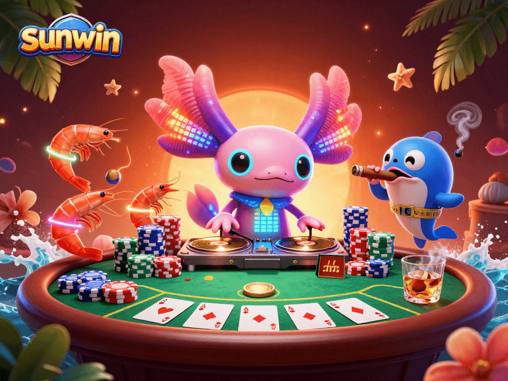Engage with sunwin's vibrant 3D casino scene featuring a neon axolotl DJ and lively shrimp.