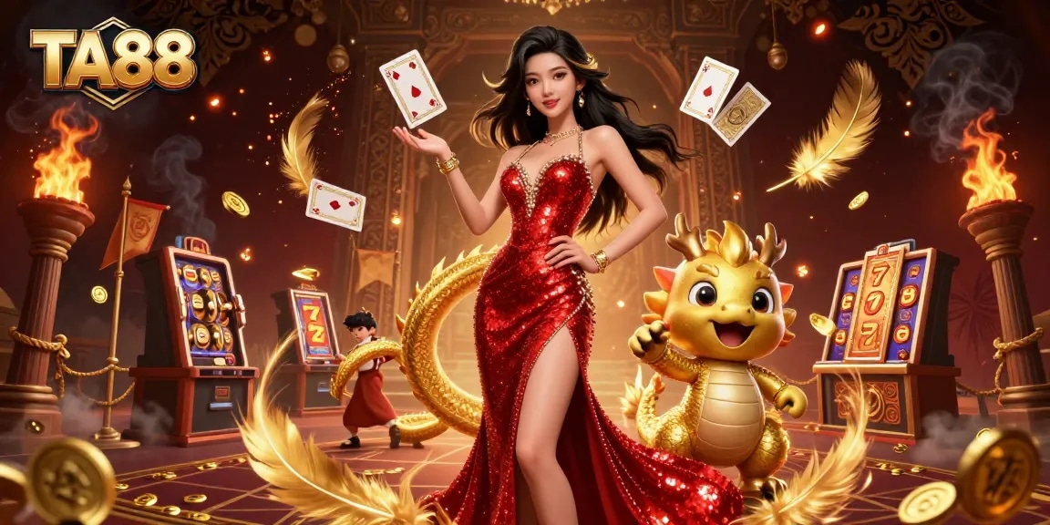 Engage with TA88's vibrant casino experience through a stunning 3D illustration featuring an elegant woman and a golden dragon.