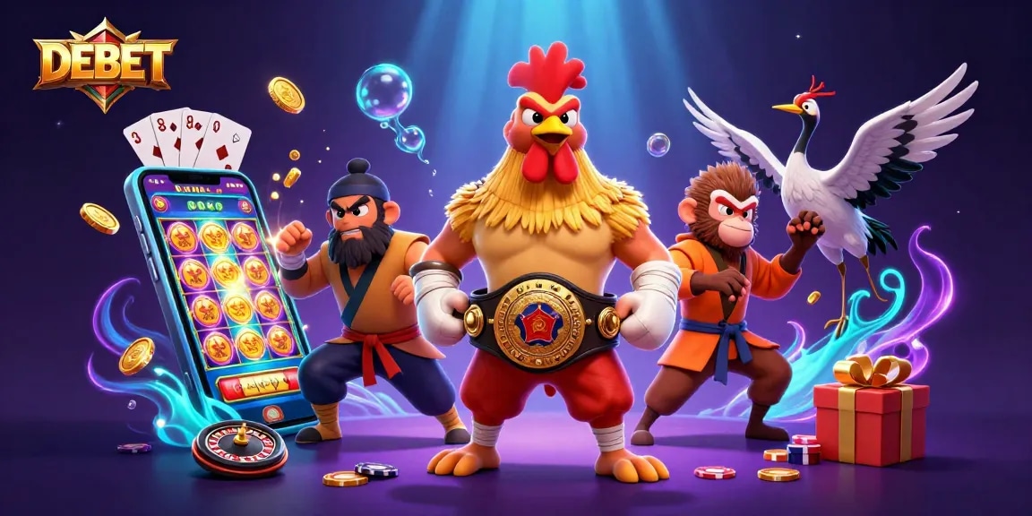 Experience thrilling slots and gaming action with DEBET in this dynamic 3D illustration.
