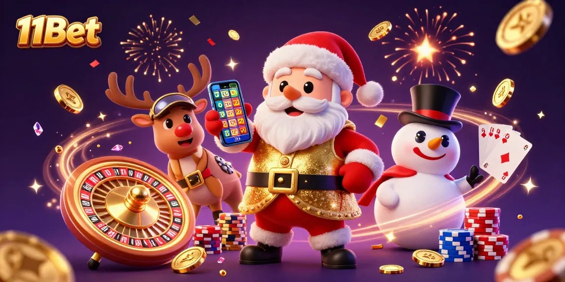 Experience the thrill of 11Bet's jackpot slots in this vibrant casino scene with festive characters.