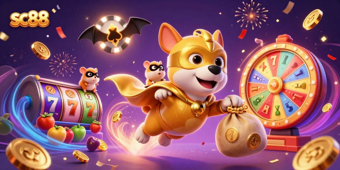 Experience sc88 excitement with a superhero dog and hamster in a dynamic casino scene.